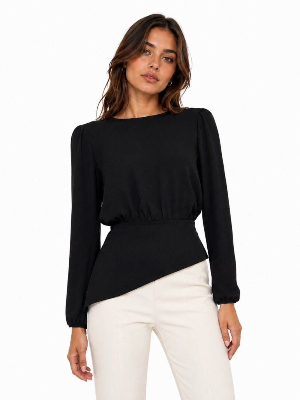 Black Asymmetric Peplum Top — BCBG, Size XS